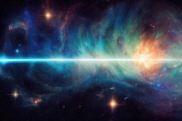 Poster - Universe in dark shades of blue-purple with bright stars in the galaxy, nebulae and asteroids 3D illustration