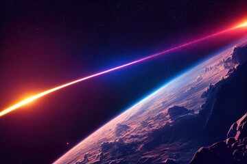 Poster - Outer space of a starry dark sky with a bright star body in flight over the planet earth 3d illustration