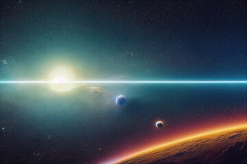 Poster - Sun with bright fiery circle, Earth and planets of the solar system in outer space with stars and comets 3D illustration