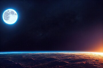 Poster - Planet earth against the background of a starry night sky and a full bright moon over the globe in space 3D illustration