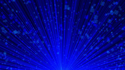 Wall Mural - blue shiny lines with particles fly from below on black background.