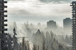 City on foggy winter morning in Canada