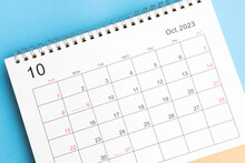Calendar October 2023 Top View On A Blue Background