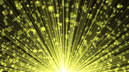 Wall Mural - gold shiny lines with particles fly from below on black background.