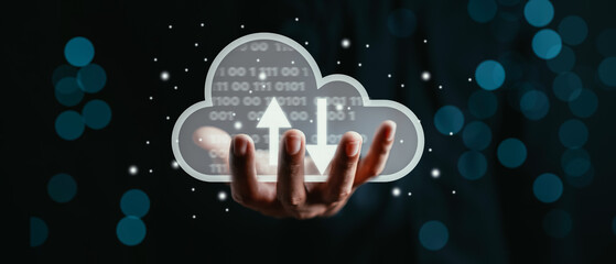 Poster - Hand holding virtual cloud computing to download and loading data information and upload on system network application. Technology transformation concept