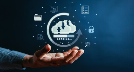 Poster - Businessman showing virtual glowing cloud computing to download and loading data information and upload on system network application. Technology transformation concept