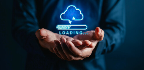 Poster - Businessman showing virtual glowing cloud computing to download and loading data information and upload on system network application. Technology transformation concept