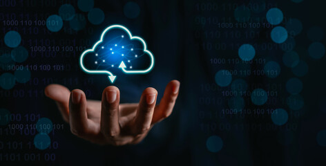 Poster - Hand hold glowing virtual cloud computing to download and loading data information and upload on system network application. Technology transformation concept