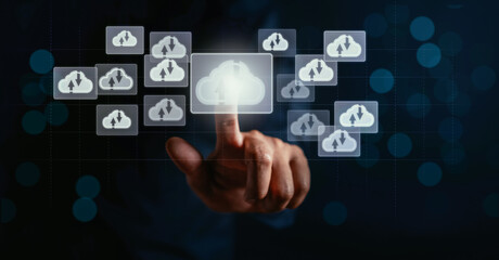 Poster - Hand Touching virtual cloud computing selective to download and loading data information and upload on system network application. Technology transformation concept