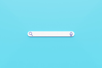 Poster - 3D colorful illustration of a modern laptop with an information search bar on a  blue   background. The concept of communication via the Internet, social networks, chat, video, news, messages, website