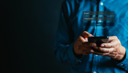 Poster - Cybersecurity and privacy to protect data. Lock icon and internet network security technology. Businessmen protecting personal data on smart phone or mobile phone by virtual interfaces.