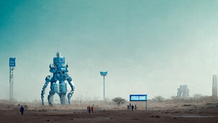 Wall Mural - scary robot android. old metal, mechanisms, gears