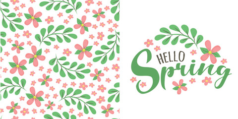 Fototapete - spring floral seamless pattern with simple pink flower and leaves on white background and script lettering text Hello Spring. Cute natural background. Idea for fashion springtime textile design.