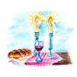 Jewish greetings Shabbat Shalom. Candles, a glass of wine and wicker bread painted in watercolor isolated on white.
