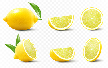 Wall Mural - a set of fresh lemon isolated on transparent background. a whole lemon, half and slice a lemon. real