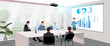 © GN.STUDIO - People meeting and sitting at workplace desk on presentation in office cabinet with big window. Woman stands near financial diagram, infographic at hologram from video projector. Vector illustration