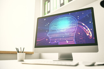 Aufkleber - Modern computer screen with creative human head microcircuit. Future technology and AI concept. 3D Rendering