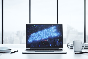 Poster - Creative Code word sign on modern computer monitor, international software development concept. 3D Rendering