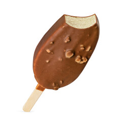 Wall Mural - Bitten popsicle ice cream bar with chocolate coating and nuts isolated on white.