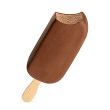 Bitten popsicle ice cream bar with chocolate coating isolated on white.