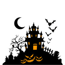 Halloween Image Of Spooky House There Is A Bat With A Spooky Castle And A Pumpkin. Vector Elements For Banner, Halloween Greeting Card Celebration, Halloween Party Poster Eps Format