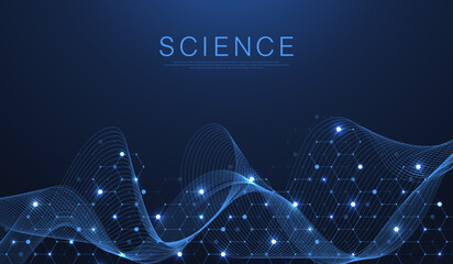 Technology abstract lines and dots connect background with hexagons. Hexagons connection digital data and big data concept. Hex digital data visualization. Vector illustration