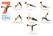 7 Yoga poses or asana posture for workout in core connection concept. Women exercising for body stretching. Fitness infographic. Flat cartoon vector