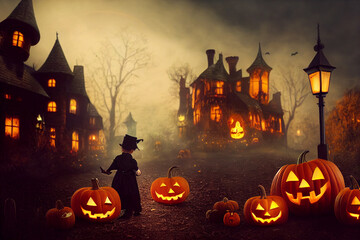 Digital art of a castle in a foggy Halloween night.