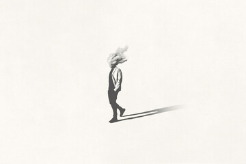 illustration of black and white man with head in the cloud walking, surreal minimal concept