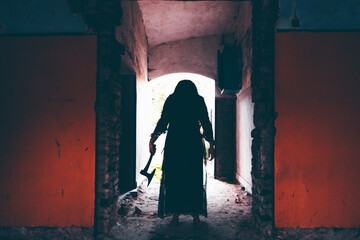 Wall Mural - Scary ghost woman in haunted house