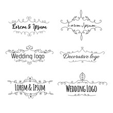 Decorative Ornamental And Floral Style Wedding Logo Line Art Vector Illustration Set On White Background With Dummy Text.