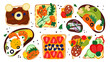 Fresh sandwiches. Different toasts with tasty products. Various ingredients. Sweet or salty bruschetta. Vegetables on bread. Meat or fish slices. Brunch appetizers. Garish vector set