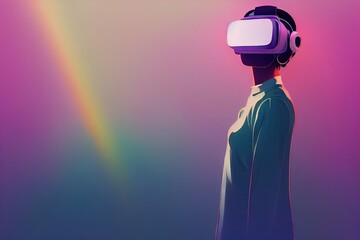 Wall Mural - Portrait of young cyber girl wears glowing science fiction virtual reality glasses on pink background with a rainbow