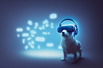 Sticker - Metaverse tiny cute dog in virtual reality glasses with glowing eyes on neon space background