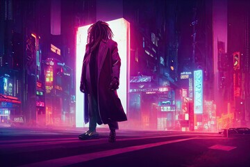 Robot boy in a cloak in a metropolis at night. Neon and ultraviolet dynamic lights