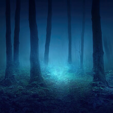 Mysterious Glowing Blue Path In Dark Enchanted Forest At Night. Square Format Generative AI Illustration