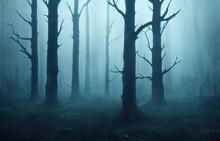 Dark Blue Tree Silhuettes In Night Autumn Forest, Bare Branches And Dense Fog, Generative AI Illustration