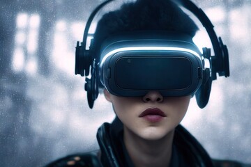 Canvas Print - Portrait of young cyber girl with glowing blue eyes wears science fiction virtual reality glasses on neon background