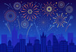 City firework. Cityscape fireworks in night skyline, celebration anniversary colorful firecracker festival sparklers on building architecture background, neat vector illustration