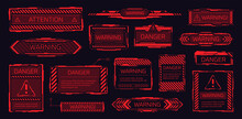 Hud Danger Frames. Dangerous Banner Cyber Box, Pollution Alert Attention Label High-alert Red Sign Warning Tech Frame, Failure Message Digital Interface, Garish Vector Illustration