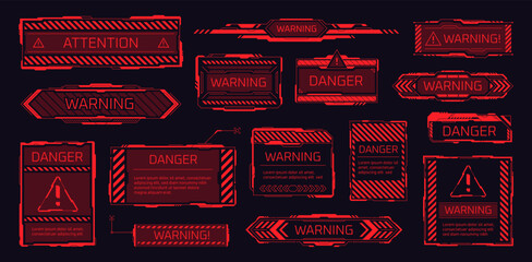 hud danger frames. dangerous banner cyber box, pollution alert attention label high-alert red sign w