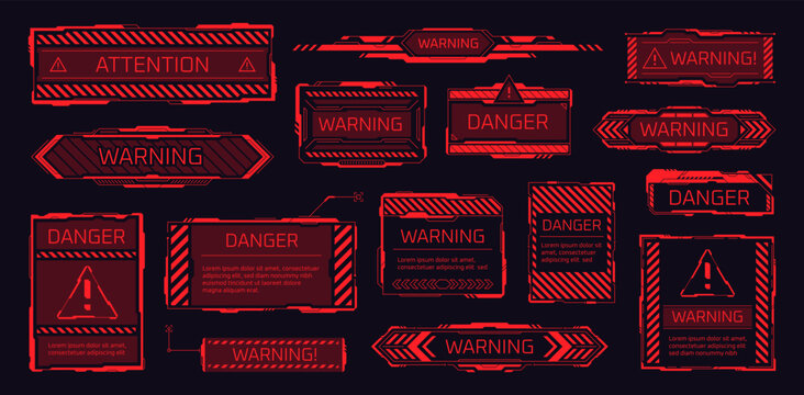 Hud danger frames. Dangerous banner cyber box, pollution alert attention label high-alert red sign warning tech frame, failure message digital interface, garish vector illustration