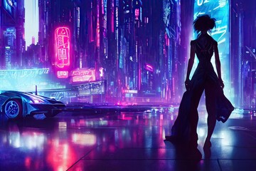 A robot dressed girl in cyberpunk. Background of a neon and ultraviolet nighttime metropolis