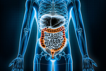 Wall Mural - Large intestine 3D rendering illustration. Anterior or front view of the human digestive system and gastrointestinal tract or bowels. Anatomy, medical, biology, science, healthcare concepts.