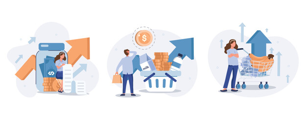 inflation illustration set. characters buying food in supermarket and worries about groceries rising