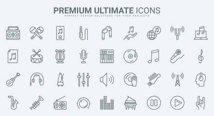 Aufkleber - Music thin line icons set vector illustration. Outline acoustic instruments, notes and musical digital technology symbols, interface menu buttons and volume control pictogram, microphone and headphone