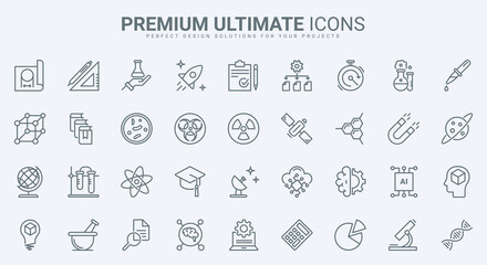 Aufkleber - Science research technology thin line icons set vector illustration. Outline scientific laboratory equipment symbols, knowledge and study of chemistry, physics and biology in university, data analysis