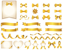 Set Of Gold Ribbons, Bows, Cards With Elegant Ribbons For Text.