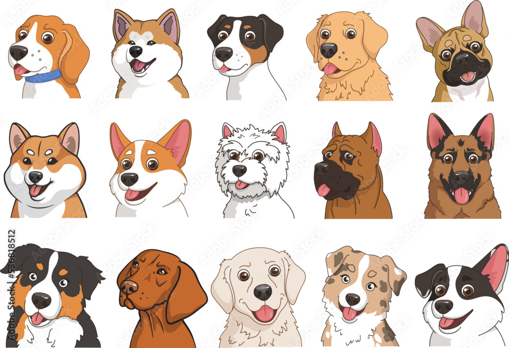 Dog vector stickers cartoon portrait breeds Stock Vector | Adobe Stock