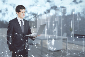 Poster - Young european businessman with laptop and creative image of cloud data icons on blurry background. Cloud computing, big data, technology and database concept. Double exposure.